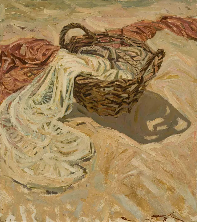 Basket with nets. Cardboard, oil. Size: 90х80. Year: 1989
