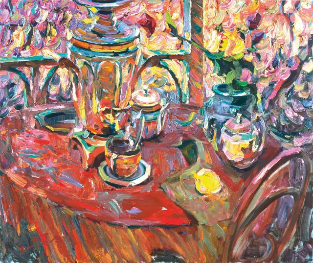 On the porch. Canvas, oil. Size: 100х120. Year: 1995
