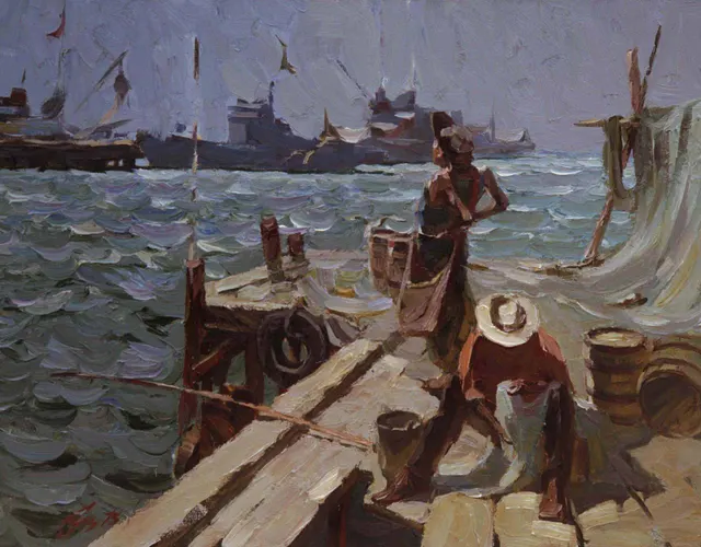 At the dock, canvas, oil. Size: 70x90. Year: 1992