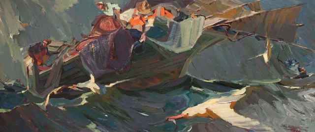 On the wave, canvas, oil. Size: 85x200. Year: 2014