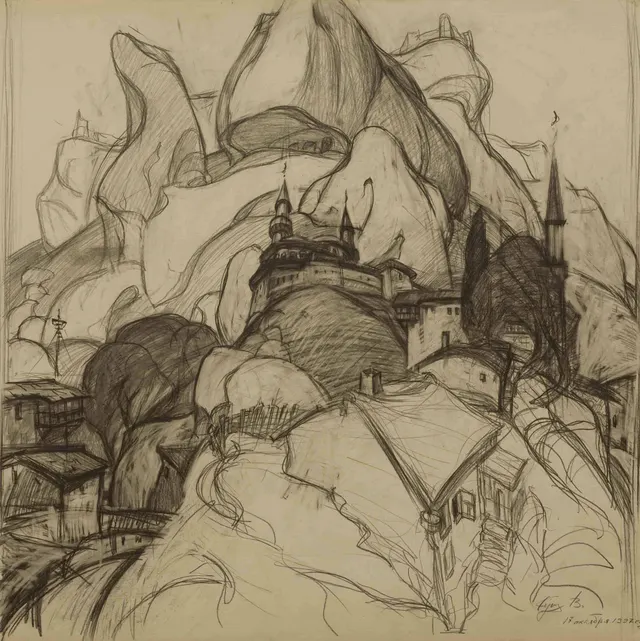 Sketch to the project Cimmerian shores. Paper. Pencil. Size: 61x61. Year: 1997.
