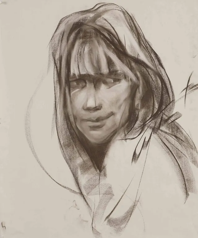 Жанна. Бумага. Коричневый соус. Мел. 65 х 50 см. 2003 г.