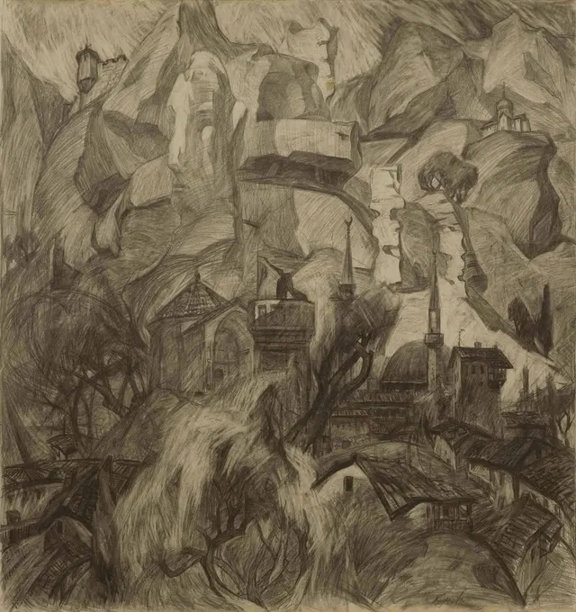 Sketch to the project Cimmerian shores. Paper. Pencil. Year: 1997.