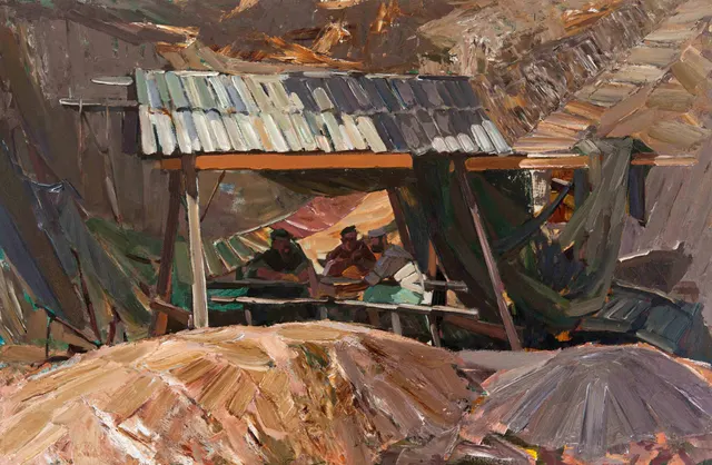 ظهرعند صياد سمك ، زيت على كرتون ، 80 × 122، 2011