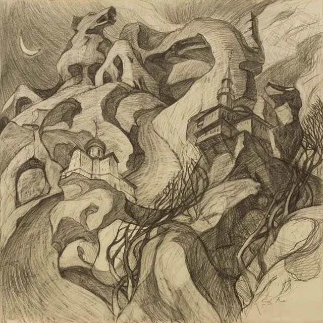 Sketch to the project Cimmerian shores. Paper. Pencil. Year: 1997.