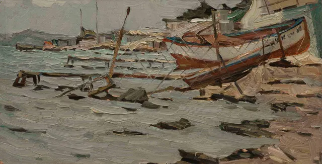 محطة القارب ، زيت على كرتون ، 26 × 50 سم ، 1987