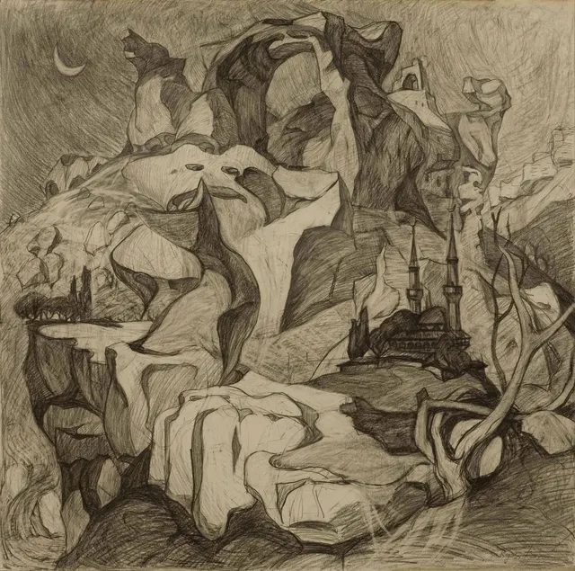 Sketch to the project Cimmerian shores. Paper. Pencil. Size: 61x61. Year: 1997.