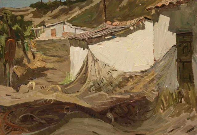 معسكر الصيد ، زيت على كرتون ، 34.5 × 50 سم ، 1987