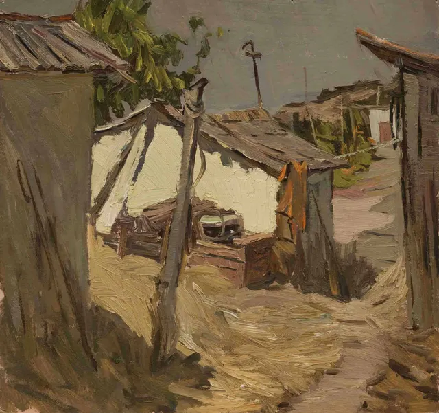 معسكر الصيد ، زيت على كرتون ، 45.7 × 49.7 سم ، 1987