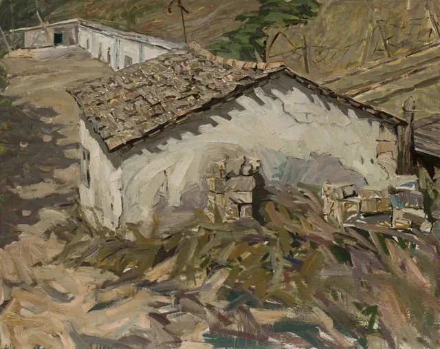مخيم صياد سمك ، زيت على كرتون ، 85 × 105سم ، 1989