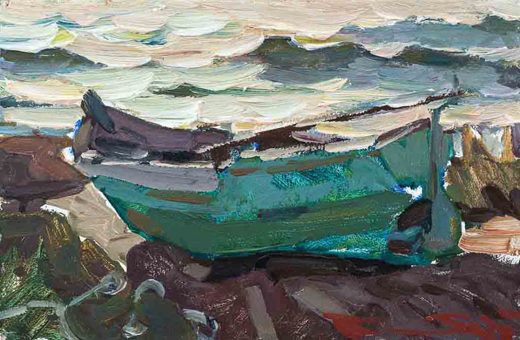 Green boat, cardboard, oil. Size: 20x30. Year: 2018