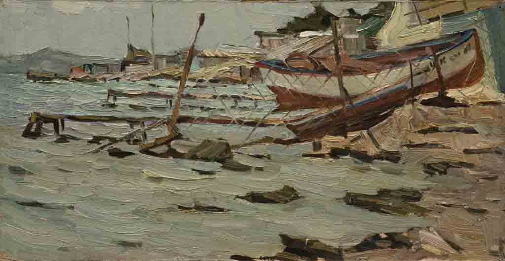 Boat station, cardboard, oil. Size: 26x50. Year: 1987.