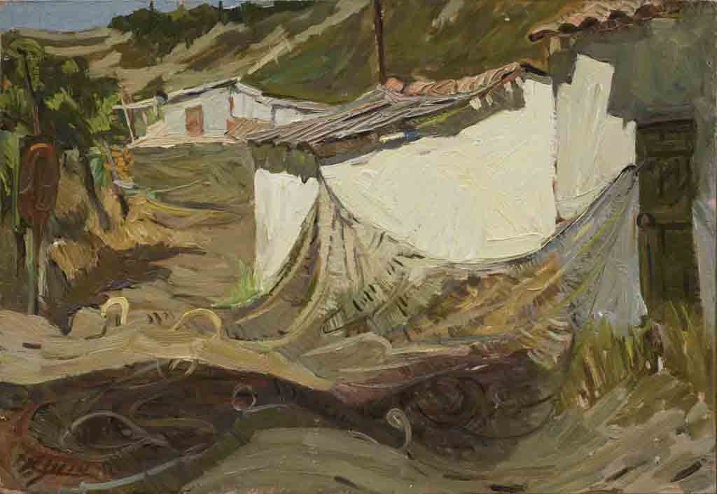 Fishing lodge, cardboard, oil. Size: 34,5x50. Year: 1987.