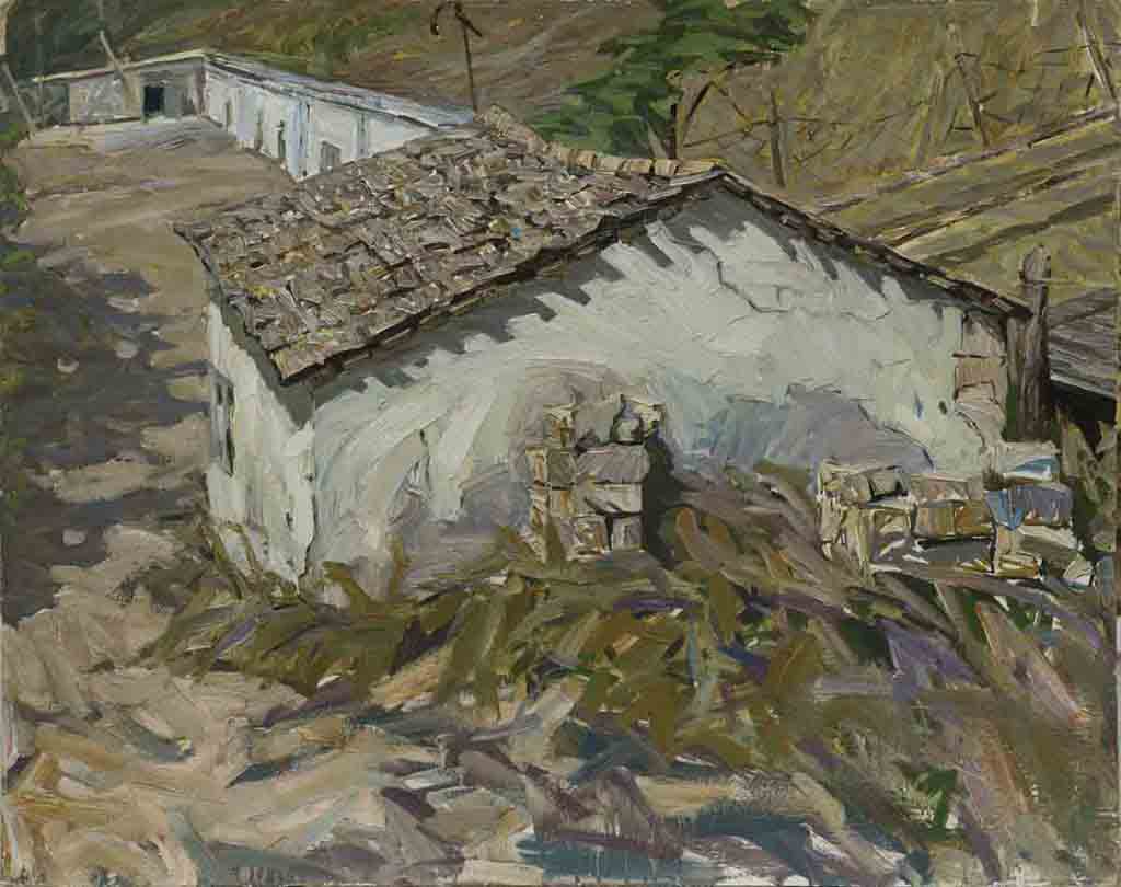 Fishing hut, cardboard, oil. Size: 85x105. Year: 1989.