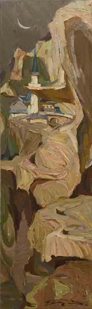 Chimera in stones. Canvas, oil. Size: 150x45. Year: 2002
