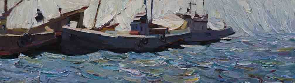 Seiners at a dock. Cardboard, oil. Size: 34,5х122. Year: 2005