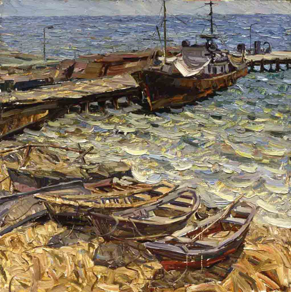 Seiner at a dock. Cardboard, oil. Size: 85х85. Year: 1989