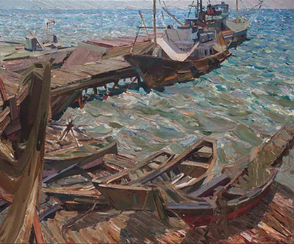 Sunny dock. Canvas, oil. Size: 100х120. Year: 2013