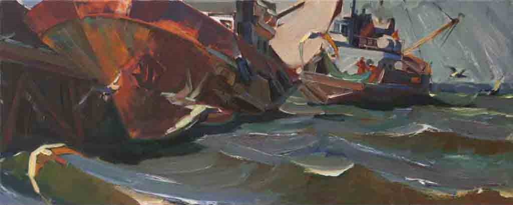 At the native dock. Canvas, oil. Size: 40х100. Year: 2013