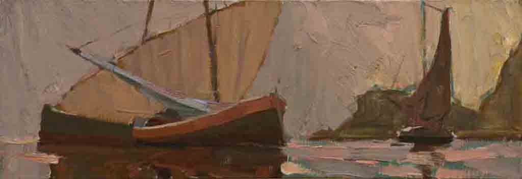 Evening longboats. Canvas, oil. Size: 28х80. Year: 2005