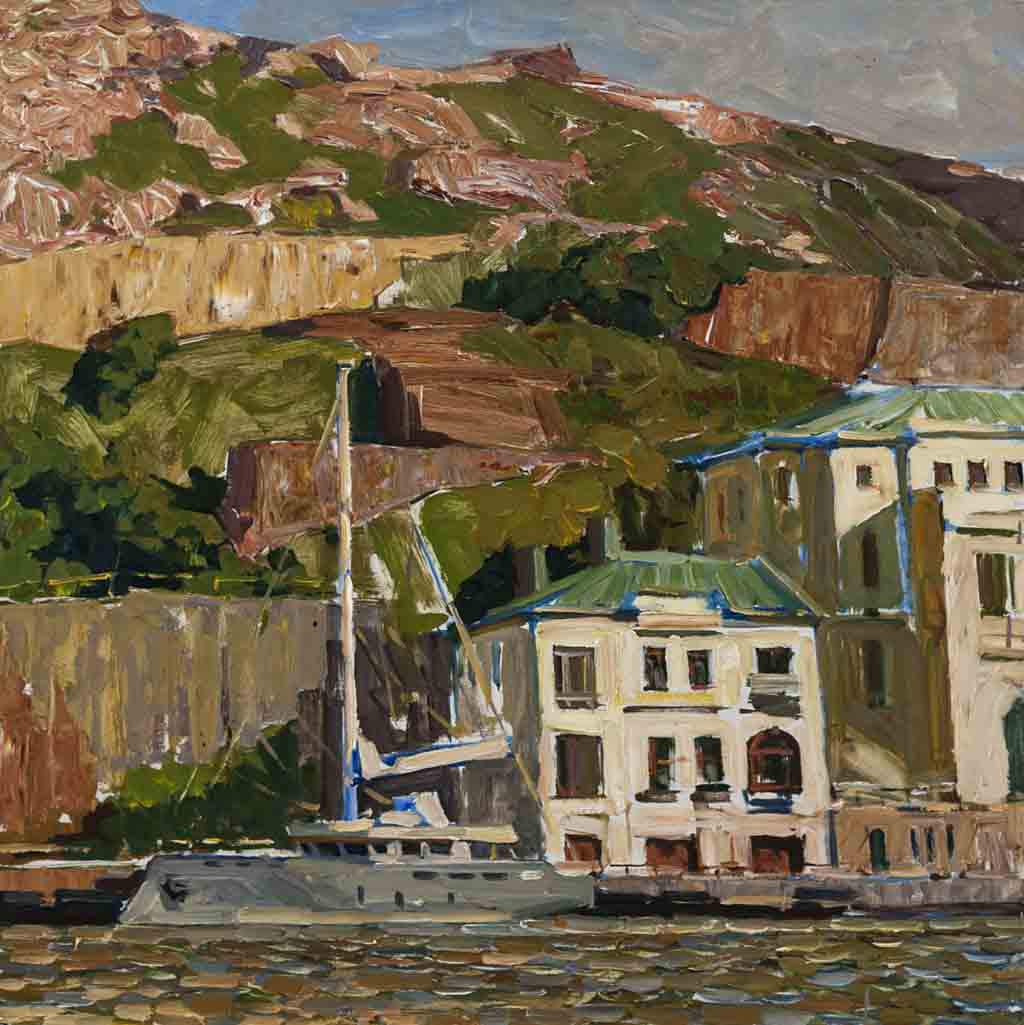 Yacht at the pier. Cardboard, oil. Size: 80х80. Year: 2018